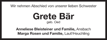 Traueranzeige von Gretl Bär von Pegnitz-Zeitung